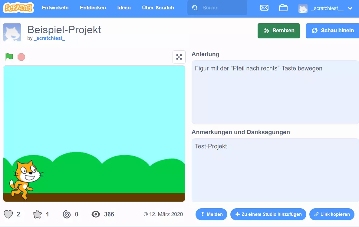 Scratch: Veröffentlichung des Beispiel-Projekts