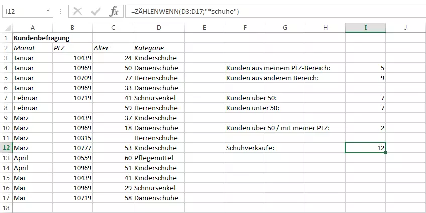 Screenshot einer Excel-Tabelle mit Platzhalter in einer ZÄHLENWENN-Funktion