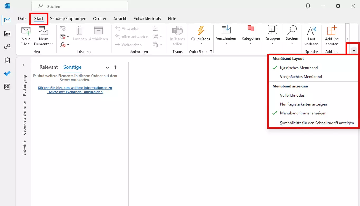 Das Pfeil-Symbol im Menüband des Outlook-Kontos