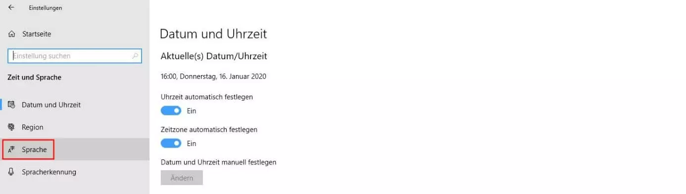 „Zeit und Sprache“-Menü in Windows 10