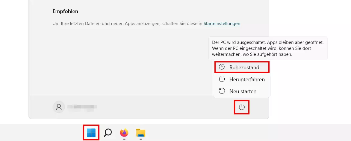 Windows 11: Ruhezustand-Button im Energiemenü