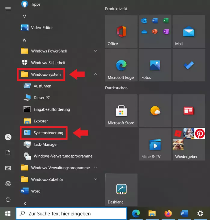 Gehen Sie im Windows-Startmenü unten auf „Windows-System“ und „Systemsteuerung“ 