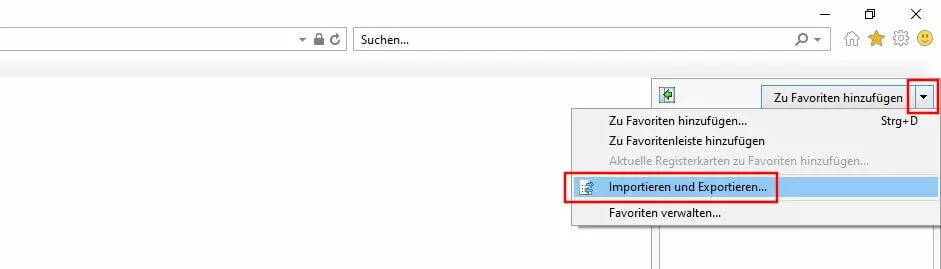 Menüpunkt „Importieren und Exportieren“ im Internet Explorer