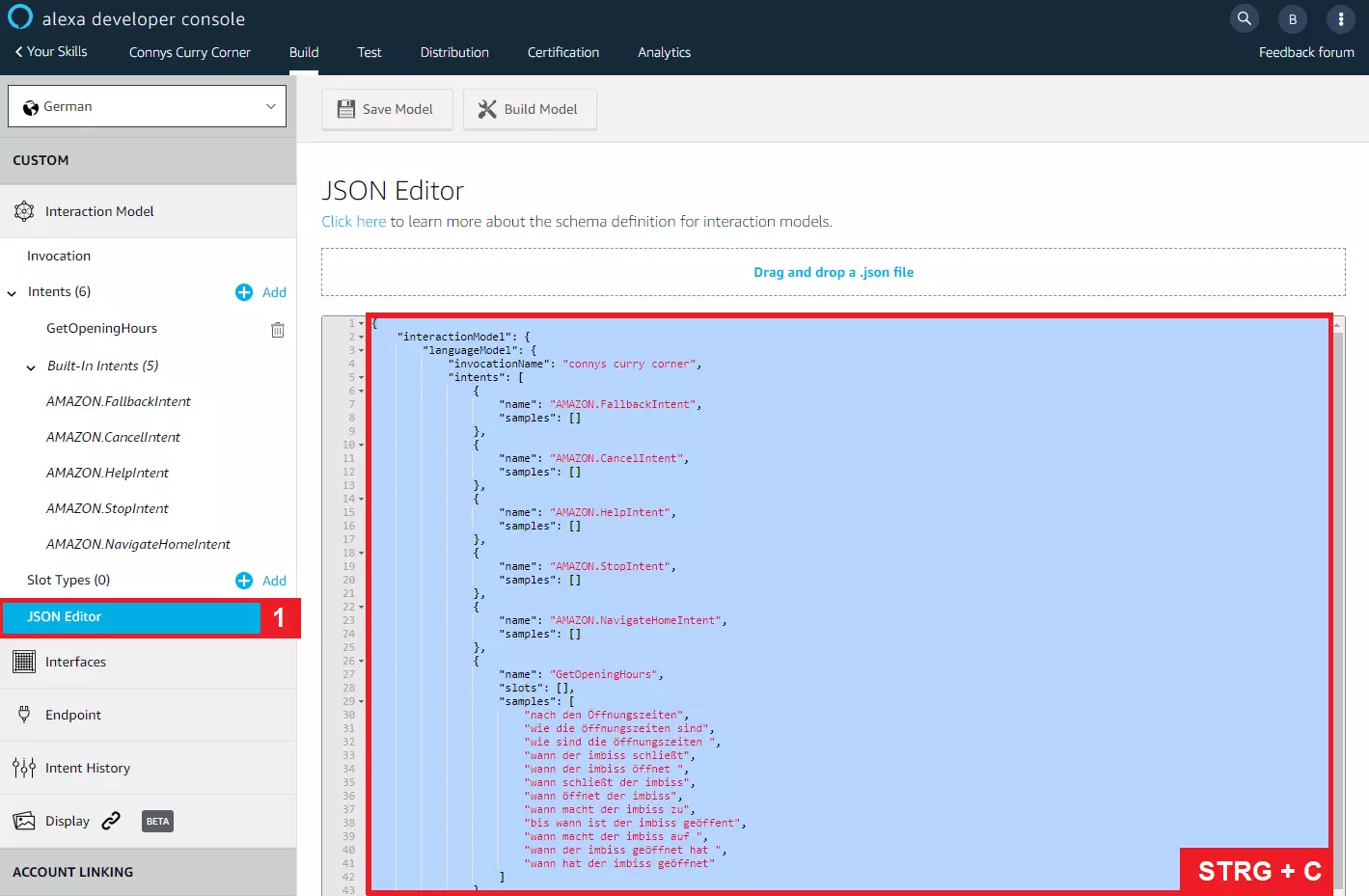 Das Interaktionsmodell des Skills im JSON-Editor