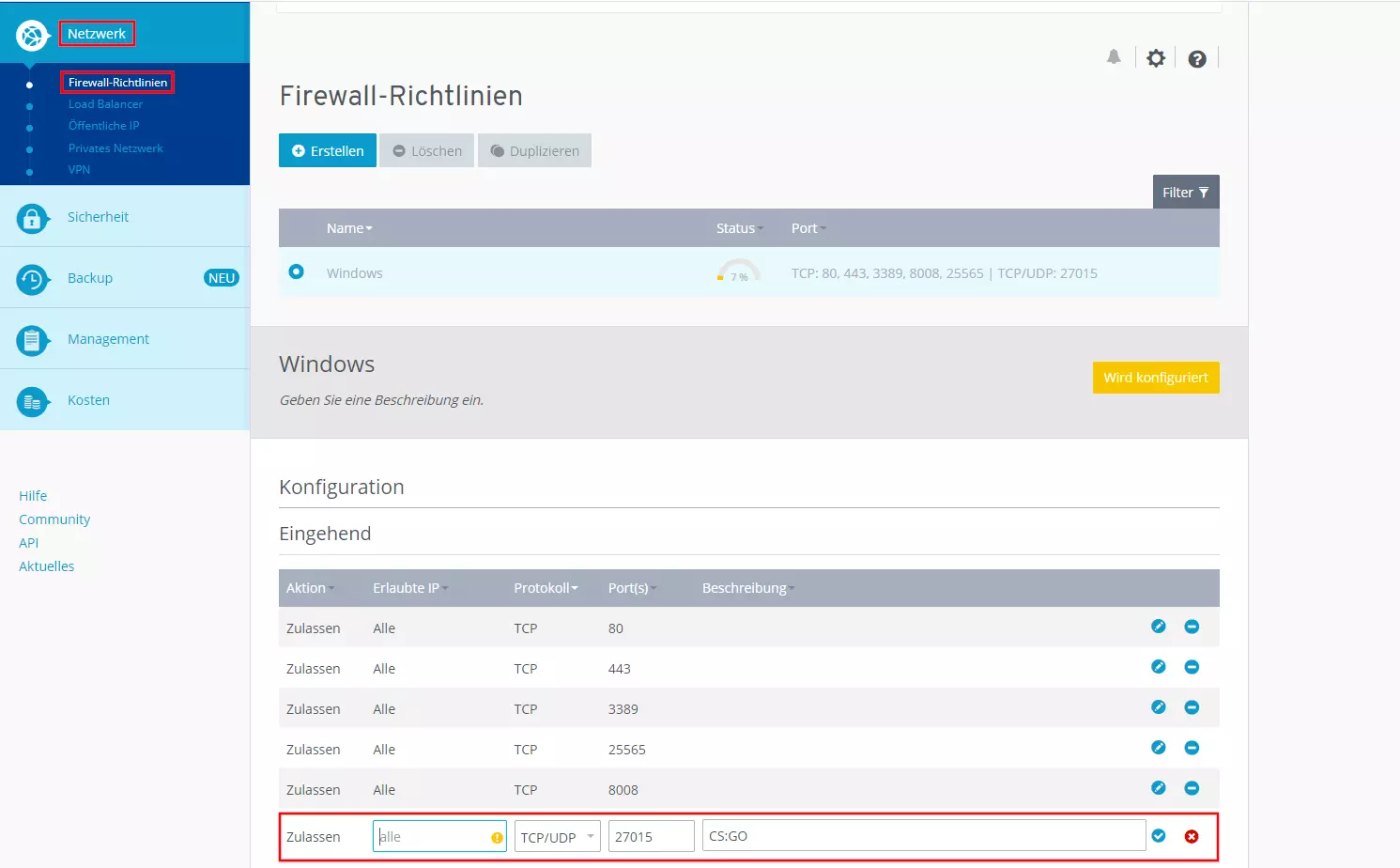 Firewall-Richtlinien im IONOS Cloud Panel