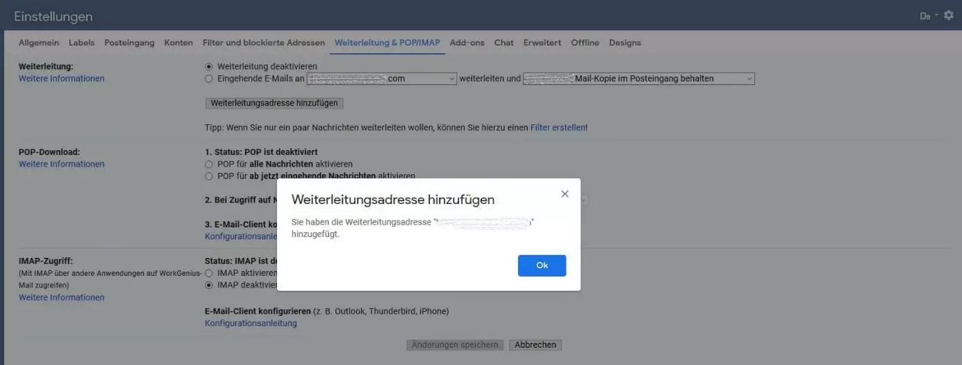 Bestätigungsfenster der Gmail-Weiterleitung