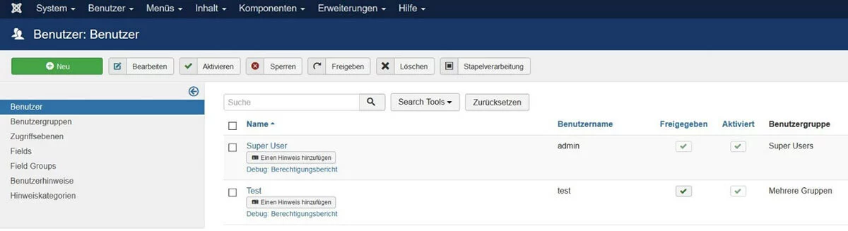 Benutzermanagement in Joomla