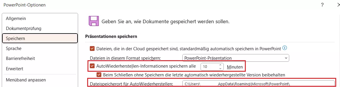 PowerPoint Optionen: Auto-Wiederherstellung