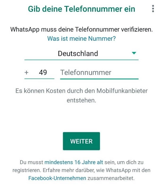 Eingabe der Telefonnummer, um sich bei WhatsApp zu registrieren