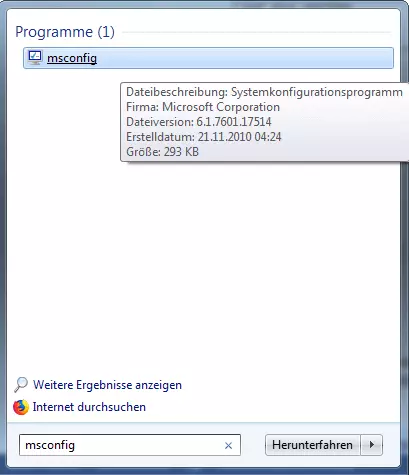 Ansicht der Suche nach dem Systemkonfigurationsprogramm msconfig