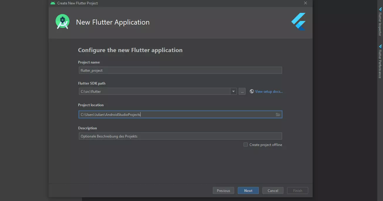 Android Studio: Konfiguration einer neuen Flutter-App