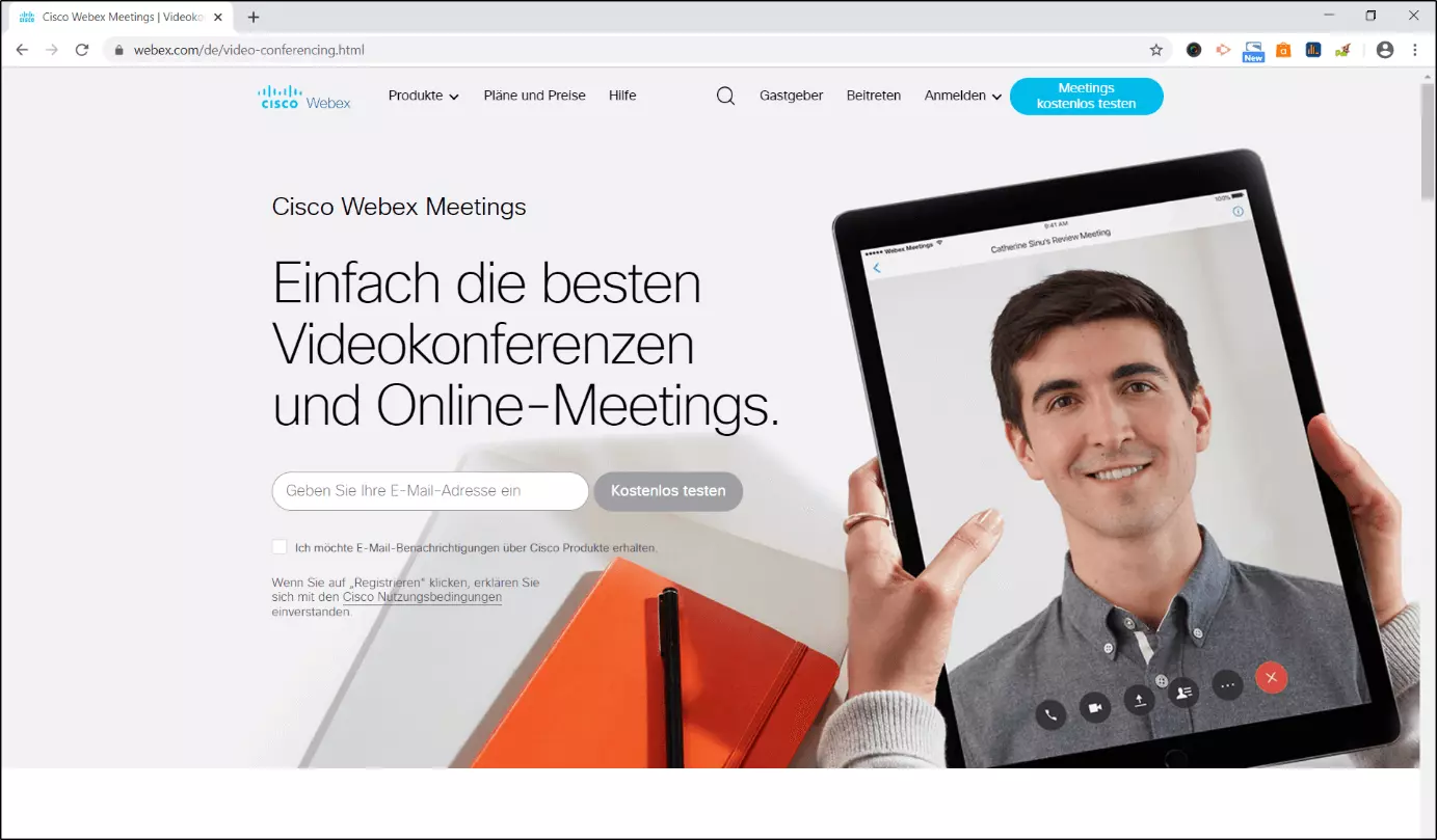 Website des Videotelefonie-Anbieters Cisco Webex Meetings