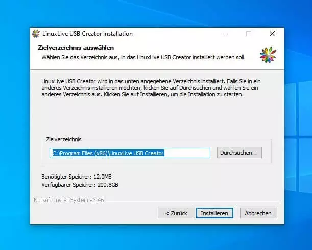 Auswahl des Installationspfads für LinuxLive USB Creator