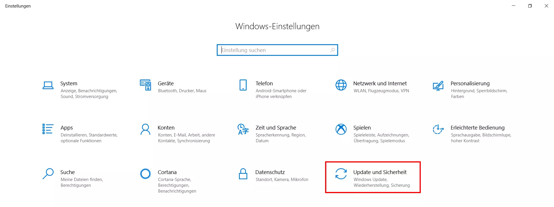 Rubrik „Update und Sicherheit“ in den Windows-Einstellungen