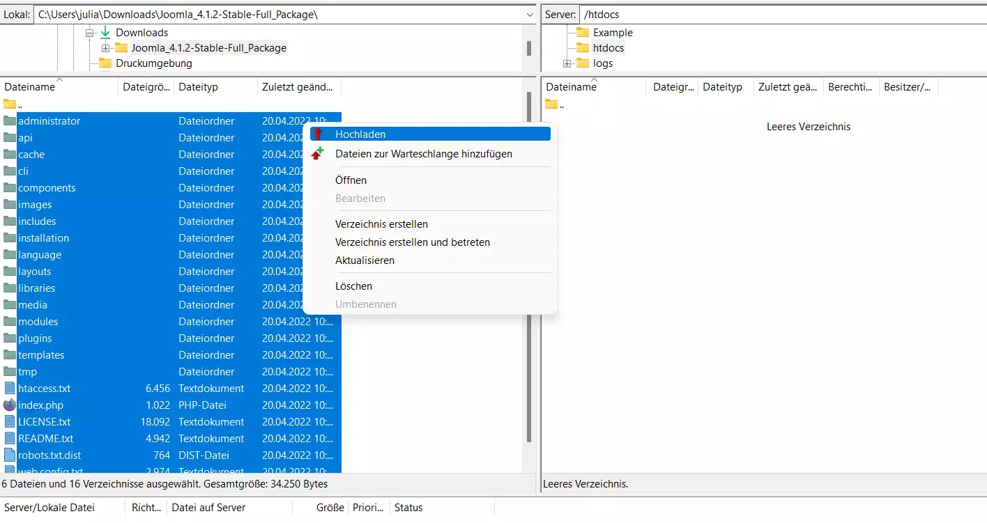 Upload der Joomla-Dateien per FileZilla-Client