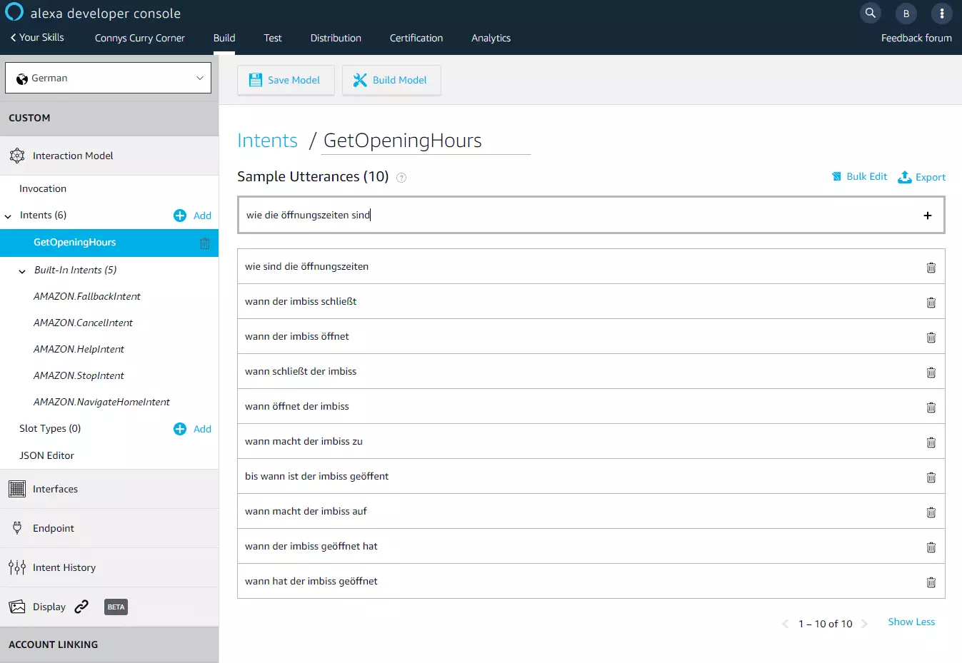 Alexa-Developer-Konsole: Definition der Intents