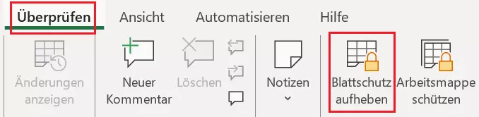 Abbildung des Menüs „Überprüfen“ > „Blattschutz aufheben“