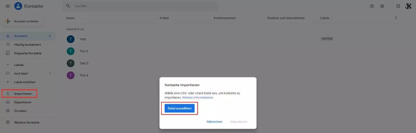 Google Kontakte: „Importieren“-Dialog