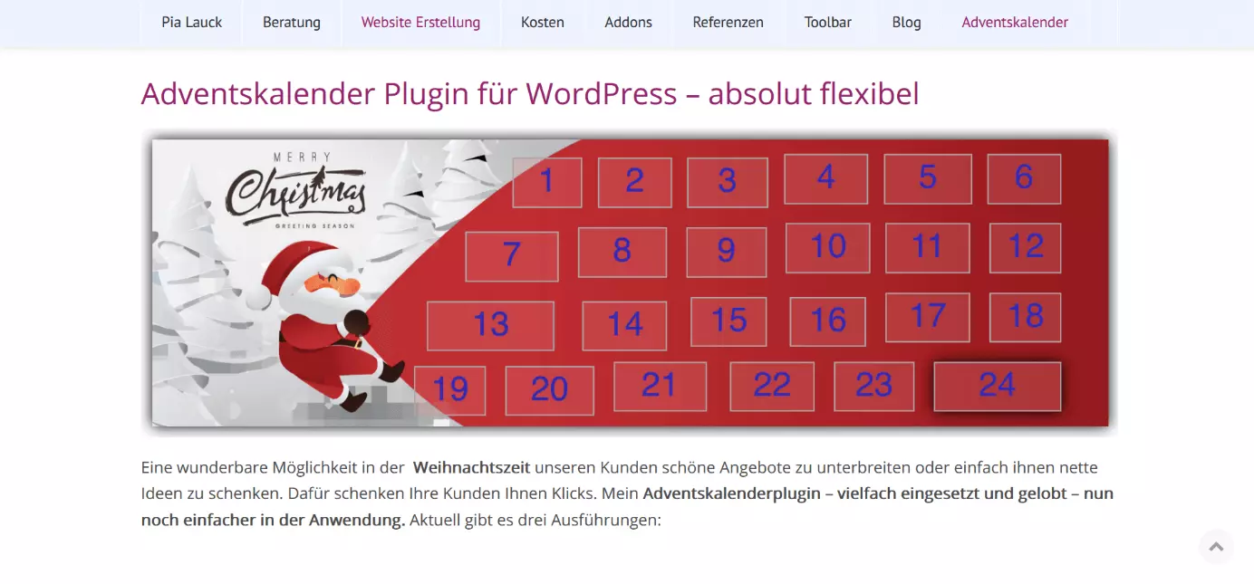 Screenshot von der Adventskalender-Seite der Agenturwebsite von Pia Lauck