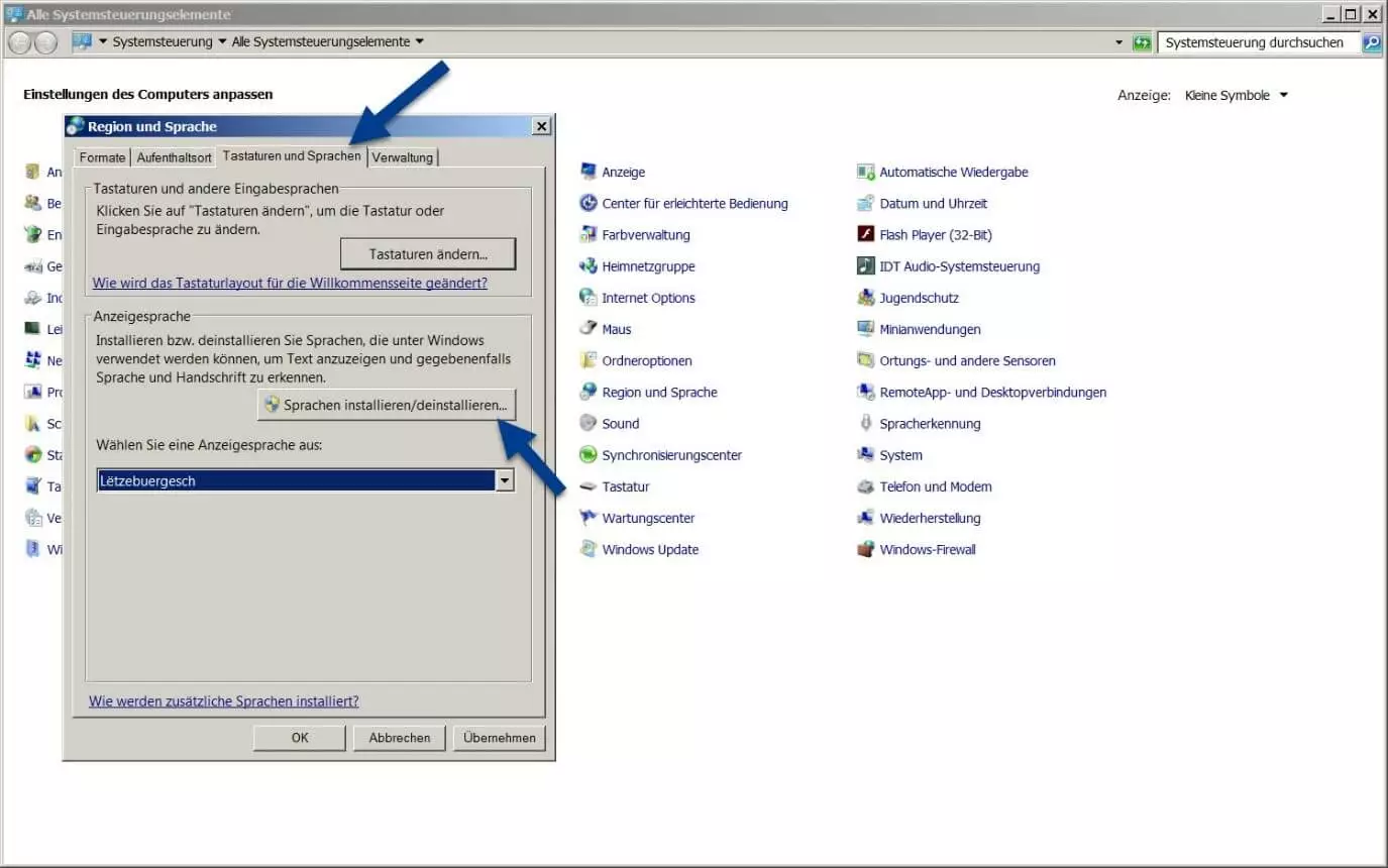 „Tastaturen und Sprachen“-Menüreiter in Windows 7