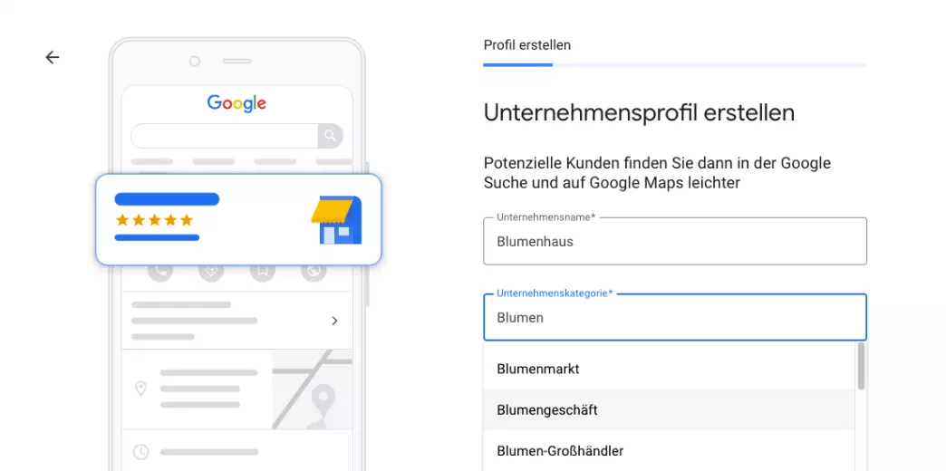 Bei Google My Business anmelden: Firmenname und Kategorie wählen