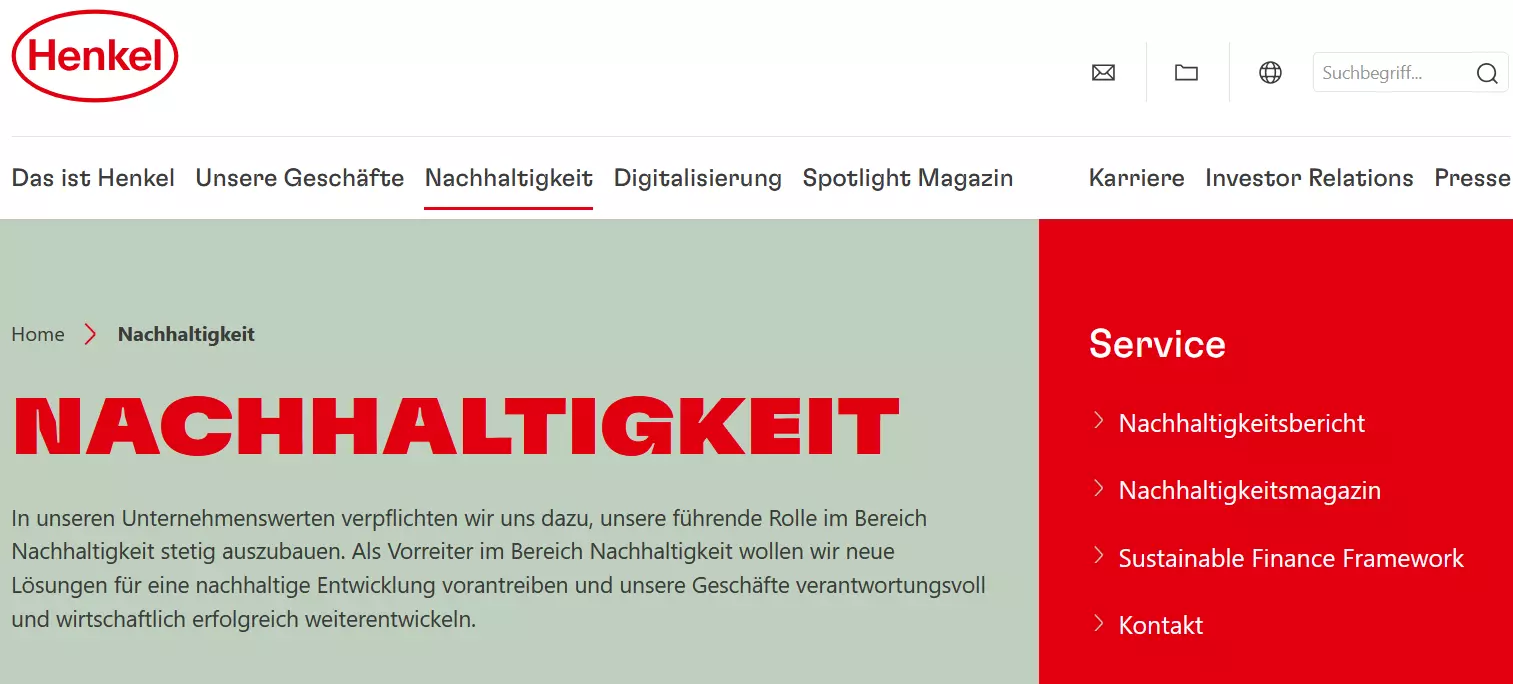 Screenshot der Henkel-Website: Bereich zum Thema „Nachhaltigkeit“