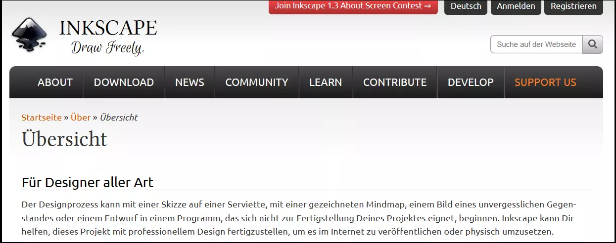 Alt-Text: Website von Inkscape