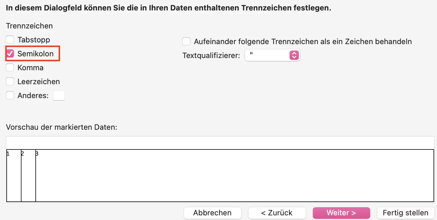 Sie müssen Ihr Trennzeichen festlegen.