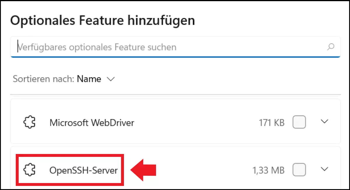 Die Installation des OpenSSH-Servers unter „Optionale Features“