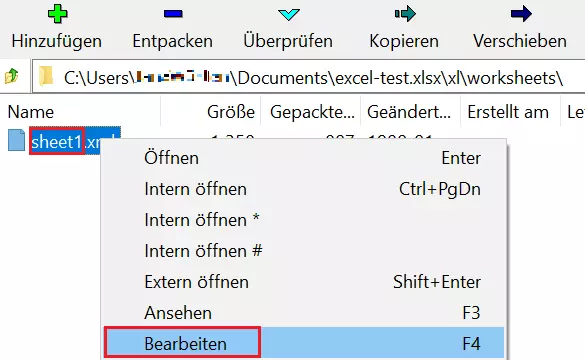 Abbildung der Excel-Datei, Verzeichnis „xl\worksheets“, geöffnet im Programm 7-Zip, mit Kontextmenü