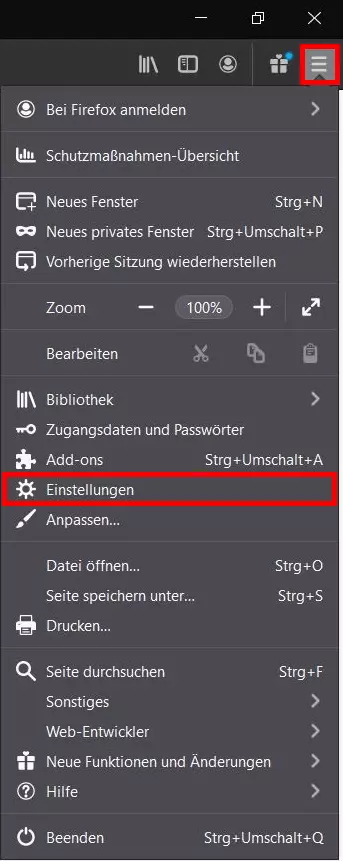 Firefox-Menü: Einstellungen