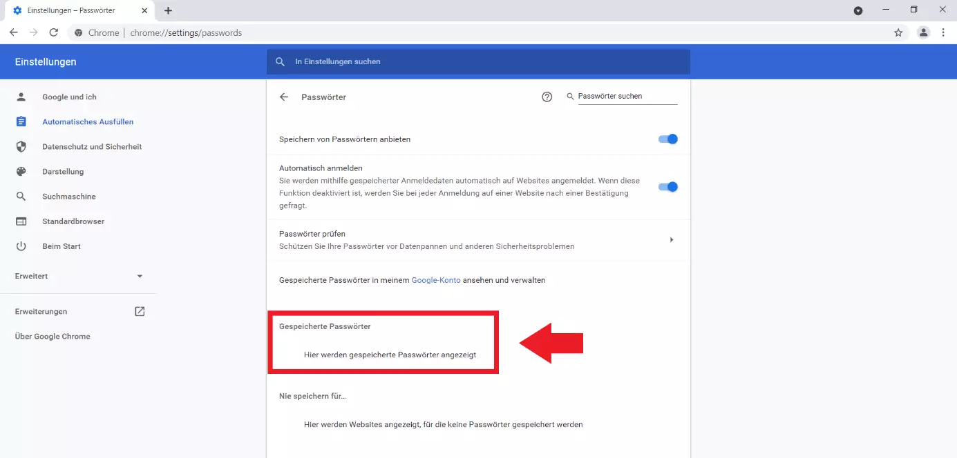 Google Chrome: Menü „Passwörter“, Eintrag „Gespeicherte Passwörter“