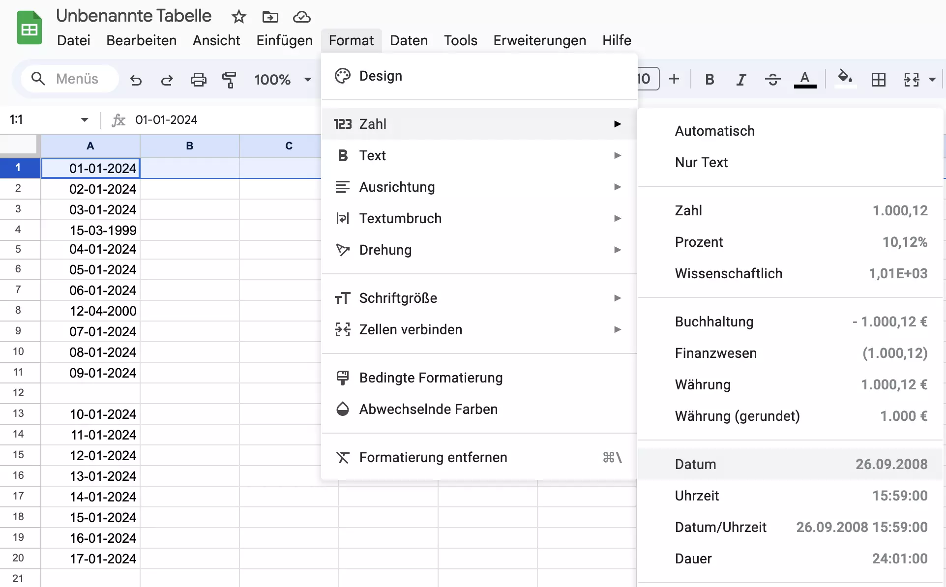 Screenshot des Format-Menüs in Google Sheets