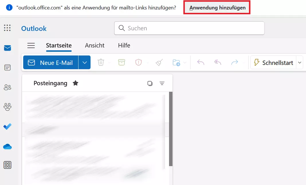 Outlook Web mit Hinweis zum Standard-Mail-Client im Firefox Browser