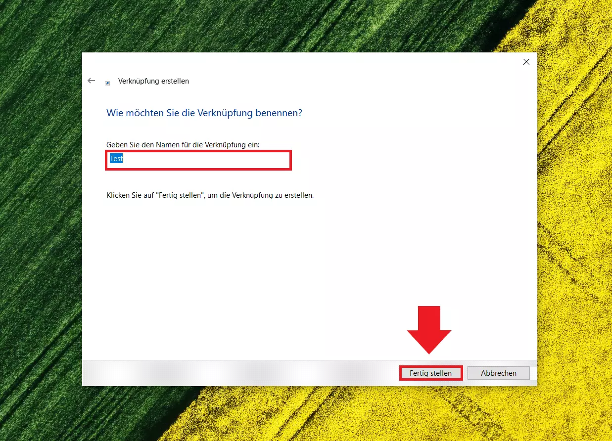 Die Schaltfläche „Fertig stellen“ im Menü „Verknüpfung erstellen“