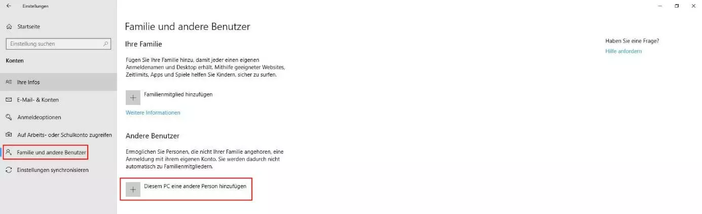 Windows 10 Menü „Familie und andere Benutzer“