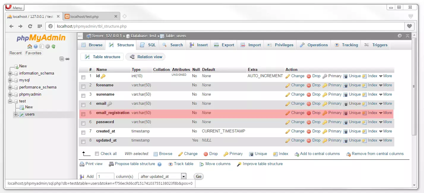 phpMyAdmin: Tab „Structure“