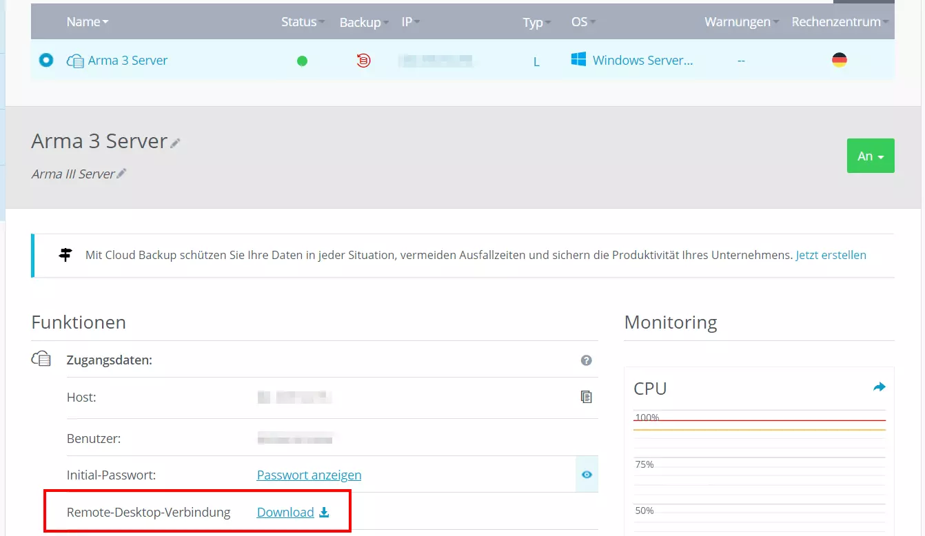 IONOS Cloud Panel: Übersicht der Server-Zugangsdaten