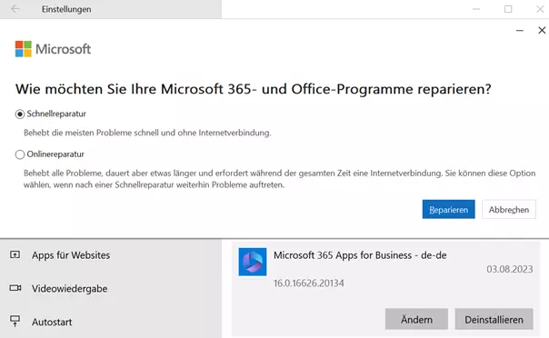 Outlook in der Systemsteuerung reparieren