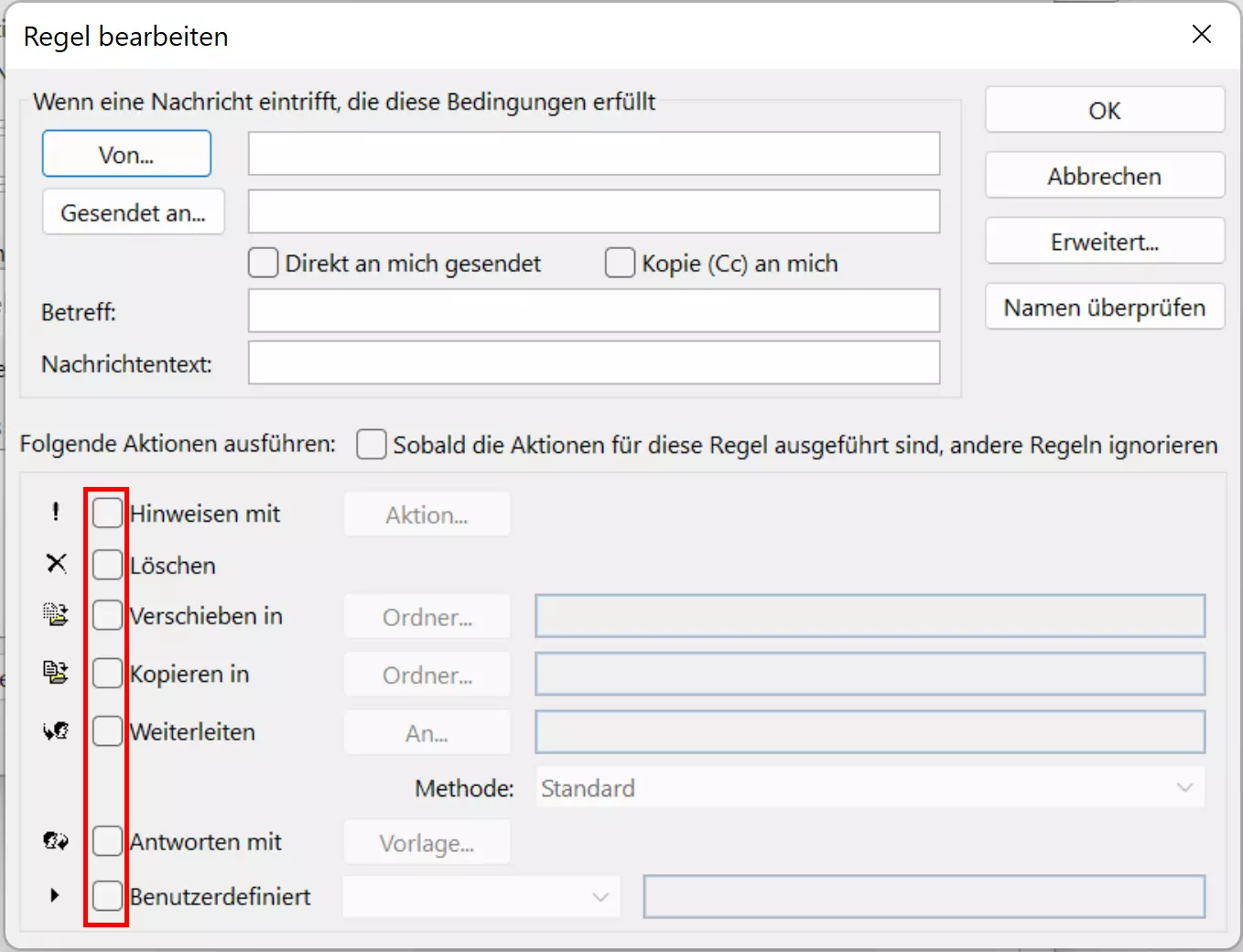 Fenster zum Festlegen von Regeln für Abwesenheitsnotizen in Outlook