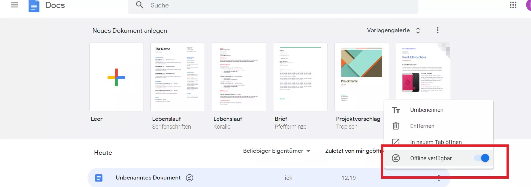 Funktion, über die man einzelne Dokumente in Google Docs offline verfügbar macht