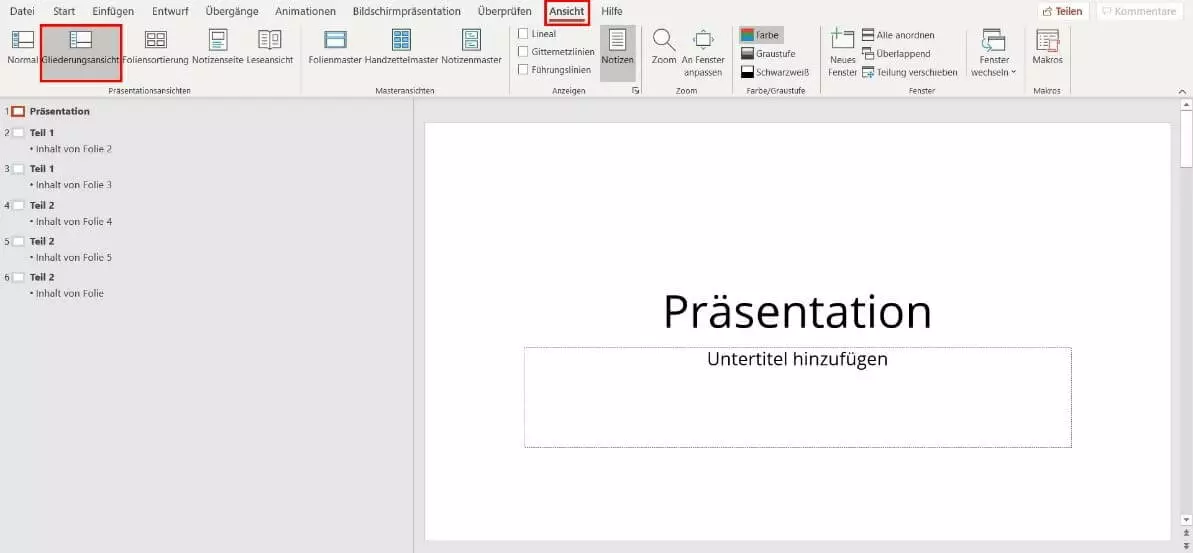 PowerPoint: Gliederungsansicht auswählen