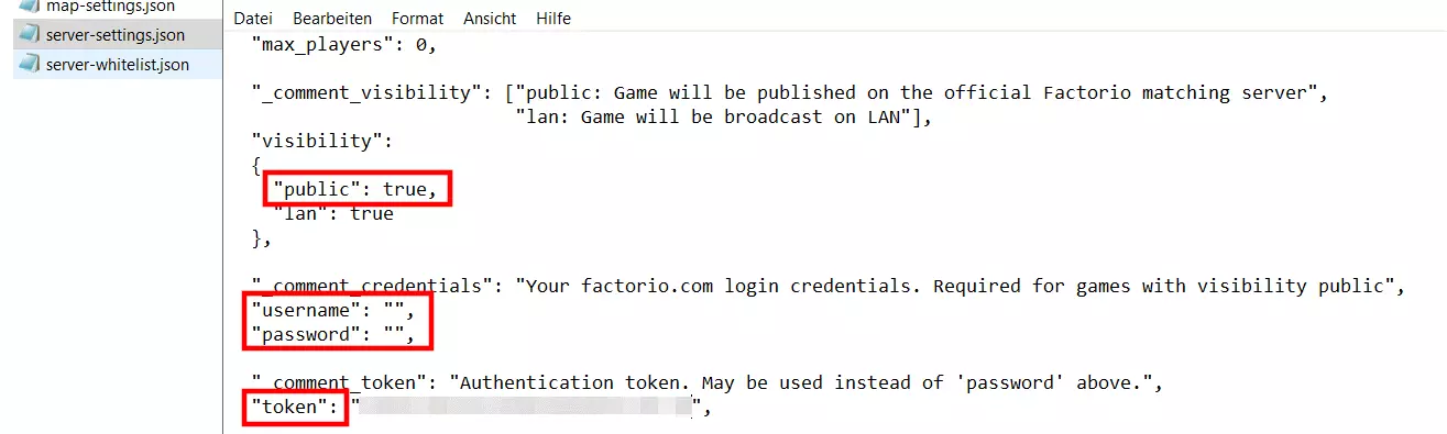 Factorio-Server: Konfigurationsdatei „server-settings.json“