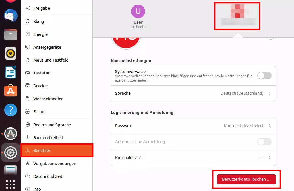 Benutzerkonto löschen in der Ubuntu-Oberfläche