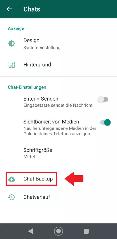 WhatsApp-Chats-Menü mit dem Feld „Chat-Backup“ 