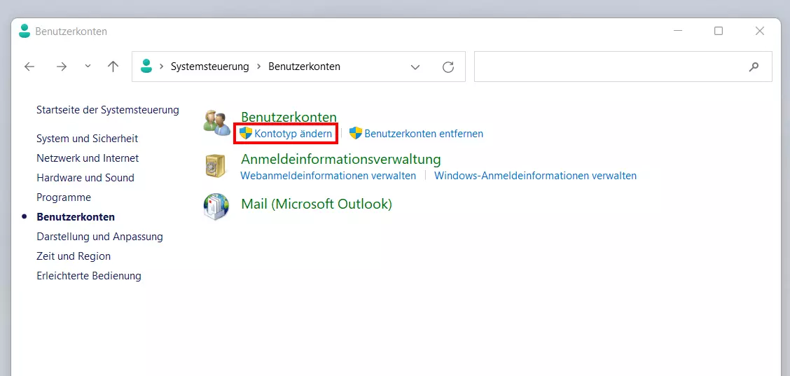 Benutzerkonten-Rubrik in Windows 11