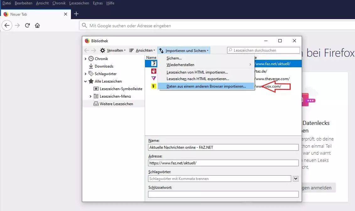 Screenshot „Lesezeichen aus einem anderen Browser importieren“