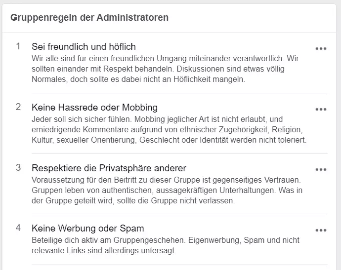 Beispiel für Netiquette in einer Facebook-Gruppe