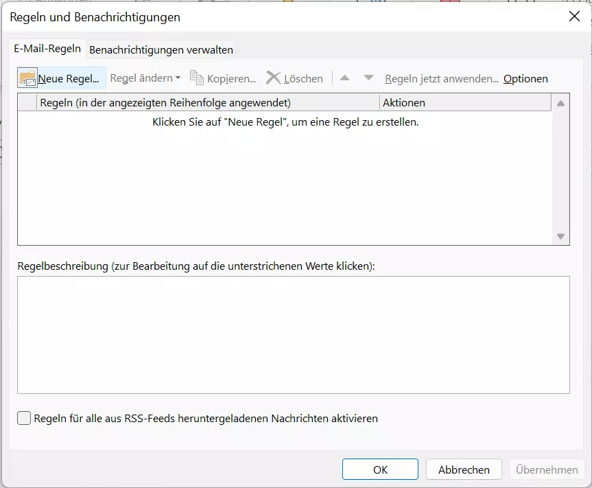 Outlook 365: Dialogfenster „Regeln und Benachrichtigungen“