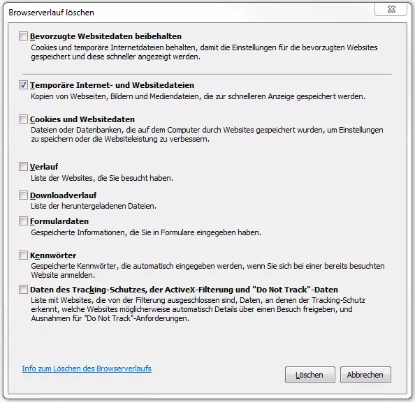 Fenster „Browserverlauf löschen“ des Internet Explorers